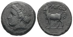 Greek Thrace, Aigospotamoi. Ae, 7.15 g 21.25 mm. Late 4th century BC. Obv: Head of Hera to left, wearing triple-pendant earring, necklace and laureate polos Rev: Goat standing to left; ΑΙΓΟΣΠΟ around,