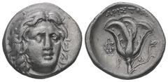 Greek Caria, Rhodos. AR Didrachm, 6.40 g. - 21.24 mm. Circa 275-250 BC. Aristobios, magistrate. Obv.: Head of Helios facing slightly to right. Rev.: APIΣTOBI[OΣ] / P-O. Rose with bud to right; above, 