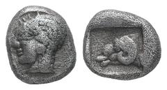 Greek Troas, Kebren. AR, Obol. 0.60 g. - 7.58 mm. Circa 480-450 BC. Obv.: Archaic female head left. Rev.: Head of ram left within incuse square. Ref.: SNG Ashmolean 1086 (diobol); SNG von Aulock 1546 