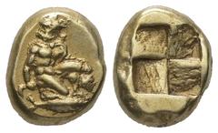 Greek Mysia, Kyzikos. EL Hekte, 2.68 g 11.24 mm. 5th-4th centuries BC. Obv: Perseus kneeling right, wearing Hades' invisibility helmet, head left, holding harpa and severed head of the Medusa; below, 