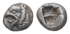 Greek Ionia, Phokaia. AR Hemiobol, 0.41 g 6.24 mm. Circa 521-478 BC. Obv: Head of griffin left. Rev: Quadripartite incuse square. Ref: Cf. SNG Kayhan 514-6 (hemidrachms); cf. SNG von Aulock 2116 (hemi