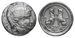 Greek Lycia, Tlos. AR Diobol, 1.21 g 12.92 mm. Circa 400-390 BC. Obv: Helmeted head of Athena right Rev: Two panthers seated facing one another, each raising forepaw and with heads facing; diskeles in