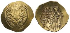 Byzantine Andronicus II Palaeologus, AD 1282-1328. AV, Hyperpyron. 4.18 g. 27.84 mm. Constantinople. Obv: Bust of the Virgin orans within the city walls furnished with six groups of towers; in upper f