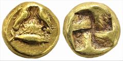 Greek Greek MYSIA. Kyzikos. (Circa 450-400 BC), EL Myshemihekte – 1/24 Stater (4.4mm 0.70g) Obv: Two eagles, with closed wings, confronting each other and standing on omphalos covered with network of 