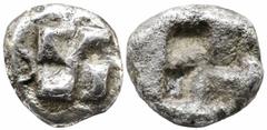 Greek Greek IONIA. Uncertain. (Circa 625-600 BC). 1/12 Stater or Diobol (7mm 1g) Obv: Raised swastika pattern surrounded by crescents. Rev: Quadripartite incuse square. Cf. Savoca 34, 2019, 155 (Silve