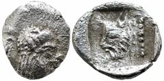 Greek Greek DYNASTS OF LYCIA. Uncertain Dynast (Circa 6th-5th century BC). AR Tetartemorion (3.3mm 0.15g) Obv: Bearded head right Rev: Head of man-headed bull left within incuse square. SNG Copenhagen