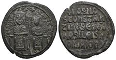 Byzantine Byzantine Basil I the Macedonian with Constantine (867-886 AD). Constantinople AE Follis (28.68mm 6.62g) Obv: + ЬASILO S COҺST ЬASILIS. Basil and Constantine seated facing on throne, holding