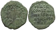 Byzantine Byzantine Basil I with Constantine (868-870 AD). Constantinople AE Follis (28.3mm 6.21g) Obv: + ЬASILIOS S COҺST AЧGG, facing busts of Basil on left and Constantine on right, each wearing cr