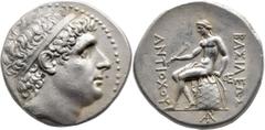 Greek Greek SELEUKID KINGS of SYRIA. Antiochos I Soter (circa 281-261 BC). Smyrna AR Tetradrachm (28mm 16.78g) Obv: Diademed head of Antiochos I to right Rev: Apollo seated left on omphalos, holding t