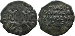 Byzantine Byzantine Basil I with Constantine (868-870 AD). Constantinople AE Follis (28mm 6.11g) Obv: + ЬASILIOS S COҺST AЧGG, facing busts of Basil on left and Constantine on right, each wearing crow