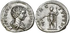 Roman Imperial Geta, as Caesar (198-209 AD). Rome AR Denarius (18.1mm 3.31g) Obv: P SEPT GETA CAES PONT. Bare-headed and draped bust of Geta to right, seen from behind. Rev: PRINC IVVENT. Geta, as pri