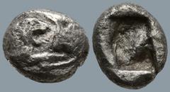 Greek KINGS of LYDIA. Kroisos. (circa 561-546 BC). Sardes AR 1/6 Stater (9.2mm 1.43g) Obv: Confronted foreparts of lion to right and bull to left Rev:Two incuse square punches of unequal size. GRPC Ly