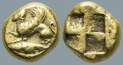 Greek MYSIA. Kyzikos. (Circa 550-450 BC). EL Hekte (10.2mm 2.6g) Obv: Sphinx, with ornamental tendril on her head and with her right fore-paw raised, seated to left on tunny fish. Rev: Quadripartite i