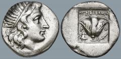 Greek ISLANDS off CARIA, Rhodos. Rhodes. (Circa 170-150 BC). 'Plinthophoric' coinage. Agesidamos, magistrate. AR Drachm (15.3mm 2.97g) Obv: Radiate head of Helios right Rev: AΓHΣIΔAMOΣ / P - O. Rose w