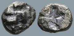 Greek IONIA. Uncertain. (Circa 625-600 BC) AR 1/24 stater or Obol (8.1mm 0.55g). Obv: Swastika; above, four pellets; (or more that are off flan?) Rev: Quadripartite incuse square. Naumann E-Auction 98