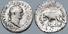 Roman Imperial Titus (79-81 AD). Rome AR Denarius (19.3mm 2.34g) Obv: IMP TITVS CAES VESPASIAN AVG P M. Head of Titus, laureate, right. Rev: TR P IX IMP XV COS VIII P P. Elephant, cuirassed, left. RIC