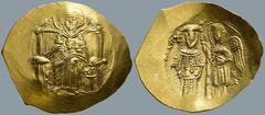 Byzantine Isaac II Angelus, first reign (1185-1195 AD). Constantinople AV Hyperpyron (24.3mm 4.2g) Obv: Virgin Mary seated facing on throne, holding head of infant Christ on lap; barred MHP (ligate) -