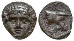 Greek AEOLIS. Myrina. (4th century BC) AR Hemiobol (7.1mm 0.36g) Obv: Facing female head, hair in band with grain ears at sides Rev: Head of goat to right within incuse square. Traité II 2083 (obol); 