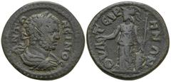 Roman Provincial LYDIA. Thyateira. Caracalla (198-217 AD) AE Bronze (21mm 3.99g) Obv: ANTΩNEINOC. Laureate, draped and cuirassed bust right Rev: ΘYATEIΡHNΩN. Athena standing left, holding patera and s