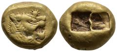 Greek KINGS of LYDIA . Alyattes (circa 610-561 BC). Sardes EL Trite or 1/3 Stater (13,1mm 4,75g) Obv: Head of roaring lion to right, sunburst with six rays on forehead Rev:Two incuse square punches. G