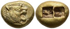 Greek KINGS of LYDIA . Alyattes (circa 610-561 BC). Sardes EL Trite or 1/3 Stater (13,6mm 4,75g) Obv: Head of roaring lion to right, sunburst with six rays on forehead Rev:Two incuse square punches. G
