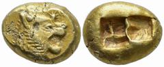 Greek KINGS of LYDIA . Alyattes (circa 610-561 BC). Sardes EL Trite or 1/3 Stater (11.2mm 4.71) Obv: Head of roaring lion to right, sunburst with six rays on forehead Rev:Two incuse square punches. GR