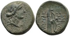 Greek LYDIA. Blaundos. (2nd-1st centuries BC) AE Bronze (16,5mm 4,48g) Obv: Laureate head of Apollo to right Rev: Quiver and bow; MΛΑΥΝΔΕ-WΝ and monogram in fields. GRPC Lydia 29; SNG Copenhagen 70; M