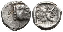 Greek DYNASTS OF LYCIA. Uncertain dynast. (Circa 500-480 BC) AR Trihemiobol (9,8mm 0,93g) Obv: Head of boar to right; Δ on shoulder Rev: Head of man-headed bull to rightwithin incuse square. SNG von A