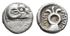 Greek WESTERN ASIA MINORI. Uncertain mint. (Circa 5th century BC) AR Hemiobol (8,2mm 0,5g) Obv: Head of ram to right Rev: Large symbol, legend around, within incuse circle. Cf. SNG Kayhan 1585-6 (hemi