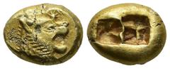 Greek KINGS of LYDIA . Alyattes (circa 610-561 BC). Sardes EL Trite or 1/3 Stater (11.2mm 4.71) Obv: Head of roaring lion to right, sunburst with six rays on forehead Rev:Two incuse square punches. GR