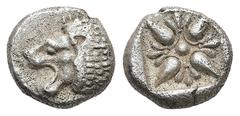 Greek IONIA. Miletos. (Late 6th-early 5th centuries BC). AR Diobol (9mm 0,46g) Obv: Forepart of lion right, head left. Rev: Stellate floral design; all within incuse square. SNG Kayhan I 476-82 (diobo