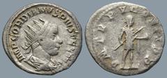 Roman Imperial Gordian III (AD 238-244). Rome AR Antoninianus (23,3mm 4g) Obv: IMP GORDIANVS PIVS FEL AVG. Radiate, draped and cuirassed bust of Gordian III to right, seen from behind. Rev. P M TR P I