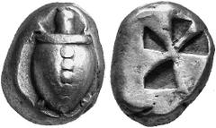 GRIECHISCHE MüNZEN Aigina No.: 252 Schätzpreis-Estimation: CHF 400.- Stater, ca. 6. Jh.-480. Seeschildkröte, auf dem Rücken sechs Punkte. Rv. Unregelmässig vertieftes Incusum. S. R. Milbank, The Coina