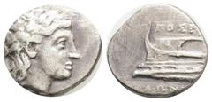 Greek Greek, Bithynia, Kios AR Hemidrachm. Bithynia, Kios AR Hemidrachm. c. 350-300. Poseidonios, magistrate. Laureate head of Apollo r. / Prow of galley l., ornamented with star. Cf. SNG Copenhagen 3