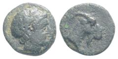 Greek Greek Coins AEOLIS. Aegae. Ae (Circa 300-200 BC). 0,80 g. 9,4 mm. Obv: Laureate head right. Rev: Head of goat right. SNG von Aulock 1593.