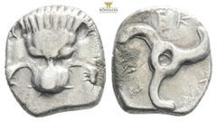 Greek Coins DYNASTS OF LYCIA. Perikles (Circa 380-360 BC). Tetrobol. Uncertain mint, possibly Limyra. Obv: Facing scalp of lion. Rev: Triskeles within incuse circle. Müseler VIII.49-51; SNG von Aulock