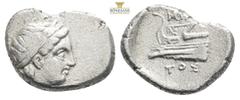 Greek Coins Kios AR Hemidrachm, c. 350-300 BC Bithynia, Kios. AR Hemidrachm….Obv. Head of Apollo to right, wearing laurel wreath; [KIA] below. Rev. ΠPOΞ / ENOΣ, Prow of galley left, decorated with sta