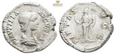 Roman Imperial Coins Plautilla, Augusta, 202-205. Denarius, Rome. PLAVTILLA AVGVSTA Draped bust of Plautilla to right, her hair in horizontal waves and tied up at the back. Rev. PIETAS AVGG Pietas sta