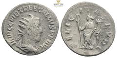 Roman Imperial Coins Trebonianus Gallus AD 251-253. Antiochia Antoninianus AR IMP C C VIB TREB GALLVS P F AVG, Radiate, draped, and cuirassed bust right; • below bust / FELICITAS PVBL, Felicitas stand