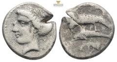 Greek Coins Sinope AR Drachm, c. 410-350 BC Sinope , Paphlagonia. AR Drachm Obv. Head of nymph left, wearing ear-ring; hair in sakkos. Rev. Sea-eagle on dolphin left; above, APΓE; below, ΣINΩ. BMC 11;