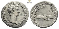 Roman Imperial Coins Nerva (AD 96-98). AR denarius Rome, AD 97. IMP NERVA CAES AVG P M TR P COS III P P, laureate head of Nerva right / CONCORDIA EXERCITVM, clasped hands. RIC 14. BMC 25. RSC 20. 2,95