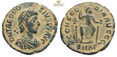 Roman Imperial Coins Theodosius I. A.D. 379-395. Æ Antioch. D N THEODO-SIVS P F AVG, pearl-diademed, draped and cuirassed bust of Theodosius I right / CONCOR-DIA AVGGG, Constantinopolis enthroned faci
