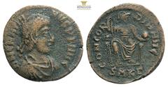 Roman Imperial Coins GRATIAN (367-383). Follis. Kyzikos. Obv: DN GRATIANVS PF AVG. Diademed, draped and cuirassed bust right. Rev: CONCORDIA AVGGG / (cross) / SMKA. Helmeted Roma, seated facing, head 