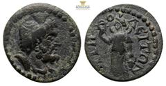 Provincial Roman Provincial Lydia, Tripolis. Quasi autonomous. AE. (Bronze, 2.9 g, 18.3 mm.) 3rd century AD. Obv: Bearded and draped bust of Serapis, r., wearing modius. Rev: TΡIΠOΛEITΩN. Isis facing,