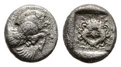 Greek "IONIA. Klazomenai. Obol (Circa 5th century BC). 1,1 g. 9,3 mm. Obv: Forepart of winged boar right. Rev: Facing gorgoneion, tongue protruding, within incuse square. SNG Copenhagen - (cf. 12; dio