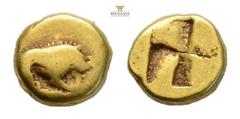 Greek MYSIA. Kyzikos, circa 500-450 BC. Electrum 1/24 Stater (0,61 g; 6,7 mm) Obv. Lion standing right, devouring leg of prey; below, tunny right. Rev. Quadripartite incuse square. Good fine. VERY RAR