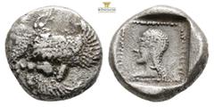 Greek DYNASTS OF LYCIA. Uvug, circa 470-440 BC. Tetrobol, 2,72g 13,7mm Obv. Forepart of winged man-headed bull to left. Rev. Head of Aphrodite? left, within dotted incuse square