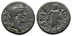 Roman Provincial Lydia. Akrasos . Septimius Severus AD 193-211. AE (3.65g,18.8mm) AVTOK [CЄ]BHPOC, laureate head right / AKPAC-IΩTΩN, Asklepios standing facing, head left, resting hand upon serpent-en