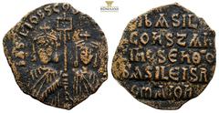 Byzantine Basil I the Macedonian AD 867-886 and Constantine AD 868-879, follis (5.15g, 26.9mm), Constantinople, ca 868-870. +bASIL S COnSTAnTAn AV[GG], facing half-length figures of Basil and Constant