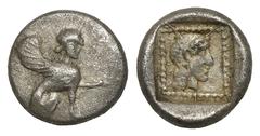 GREEK Greek Coins DYNASTS OF LYCIA. Uvug, circa 470-440 BC. Trihemiobol (1,00gr 10,00mm). Sphinx seated right, raising its forepaw. Rev. 𐊒𐊇𐊒𐊄 ('uwug' in Lycian) Head of Apollo to right within dott